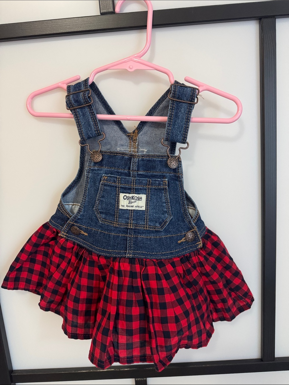 OshKosh B'gosh Denim Bib Overall Skirt with Red Black Plaid